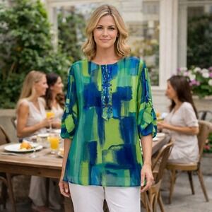 Peter Nygard Women Green Blue Abstract Sheer Tunic Blouse Beaded PM Artsy